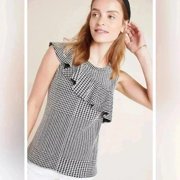 Anthropologie Dolan Callan Ruffled Tank Sleeveless Black White small houndstooth - Picture 1 of 14